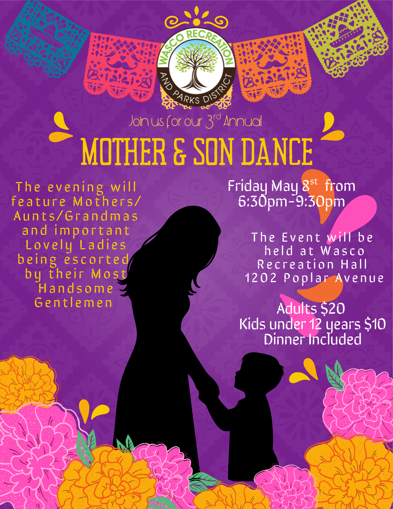A flyer for the 3rd Annual Mother & Son Dance on May 8th, 6:30-9:30 PM at Wasco Recreation Hall. Adults $20, kids $10. Dinner included!