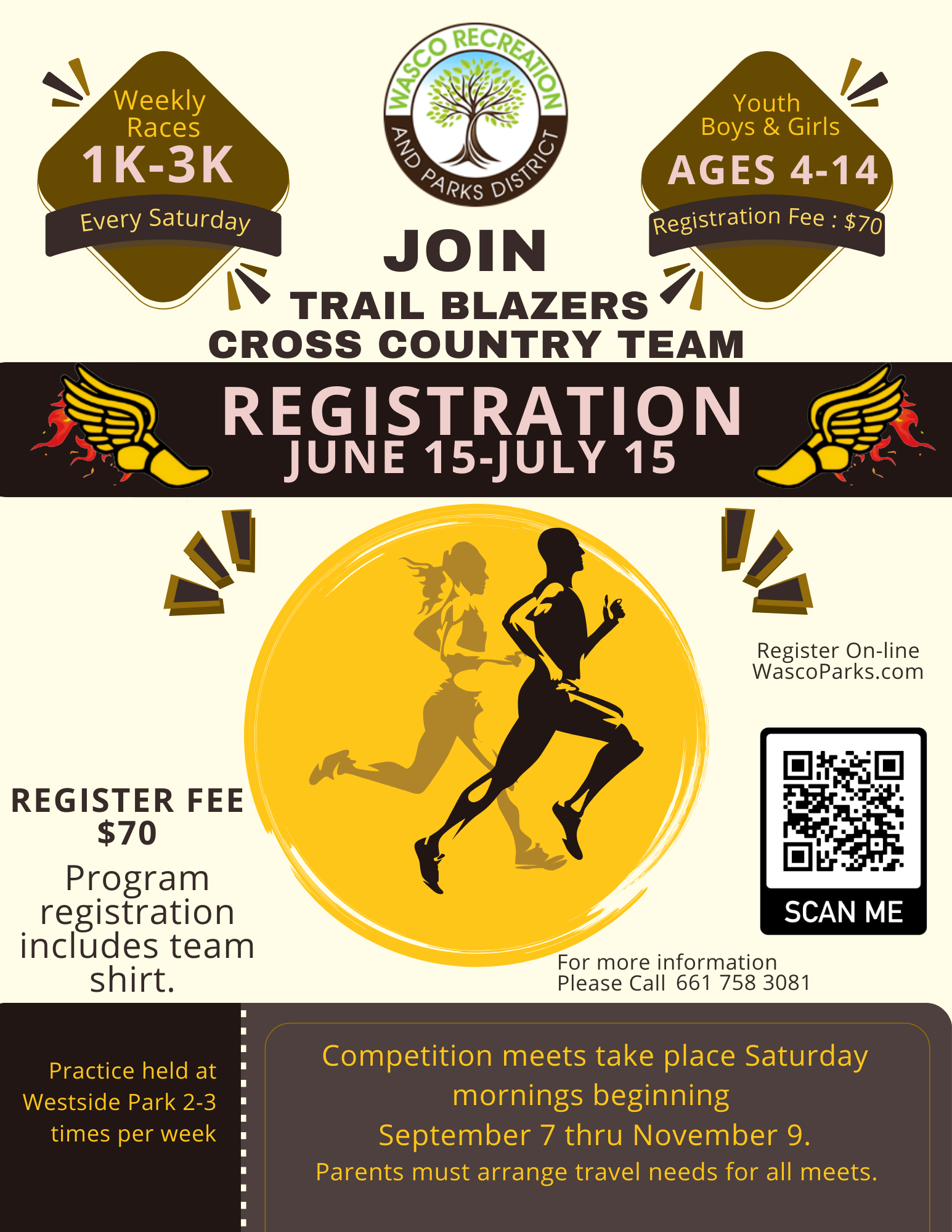 Flyer for youth cross country team registration, weekly races, ages 4-14, with details on dates, fees, and contact information.