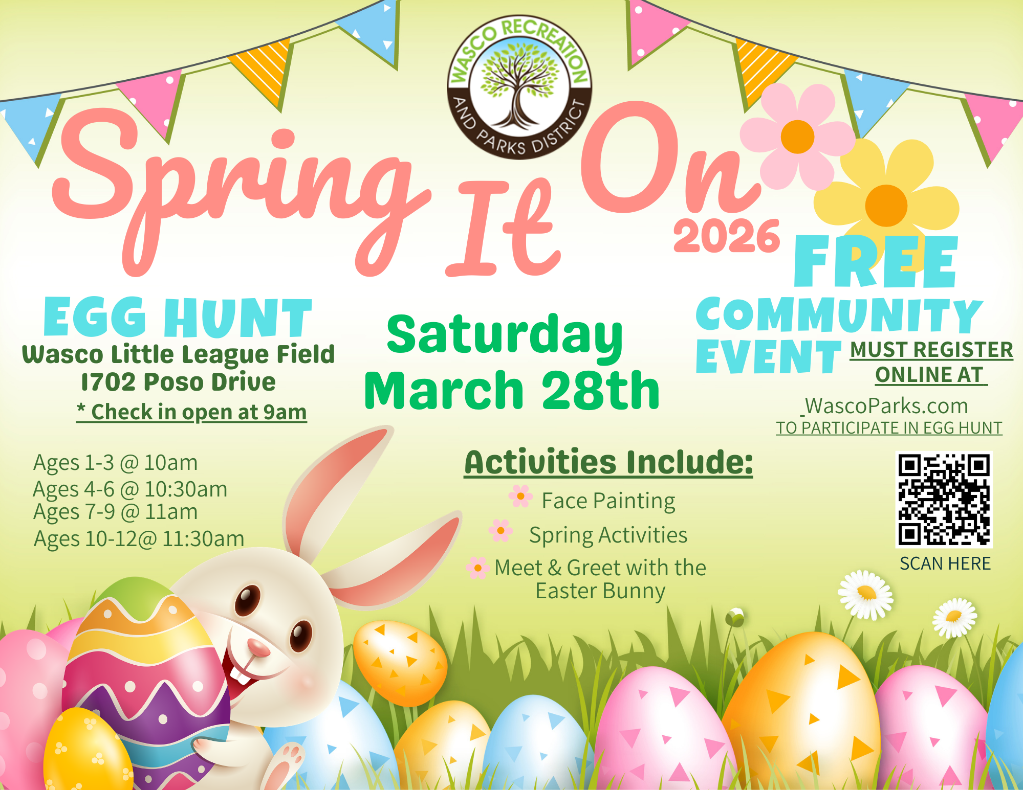 Spring event with an egg hunt on March 28, 2026, at Wasco Little League Field. Activities include face painting. Register online.