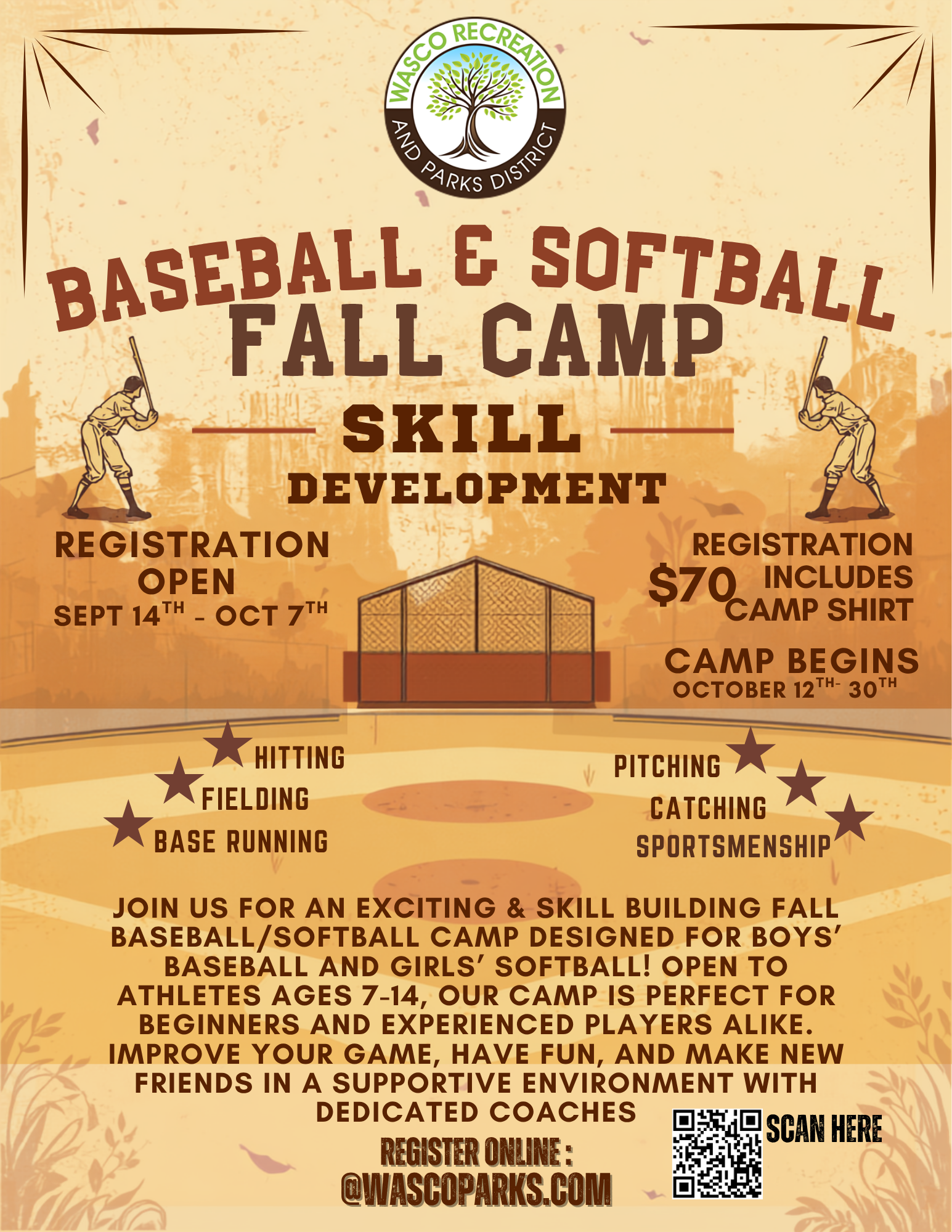 Fall Baseball & Softball Camp for ages 7-14, skills focus, registration open Sept 14-Oct 7, $70 includes camp shirt.