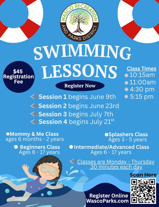 Swimming lessons ad for Wasco Recreation, sessions in June and July. Classes for ages 6 months-17 years. Scan to register.