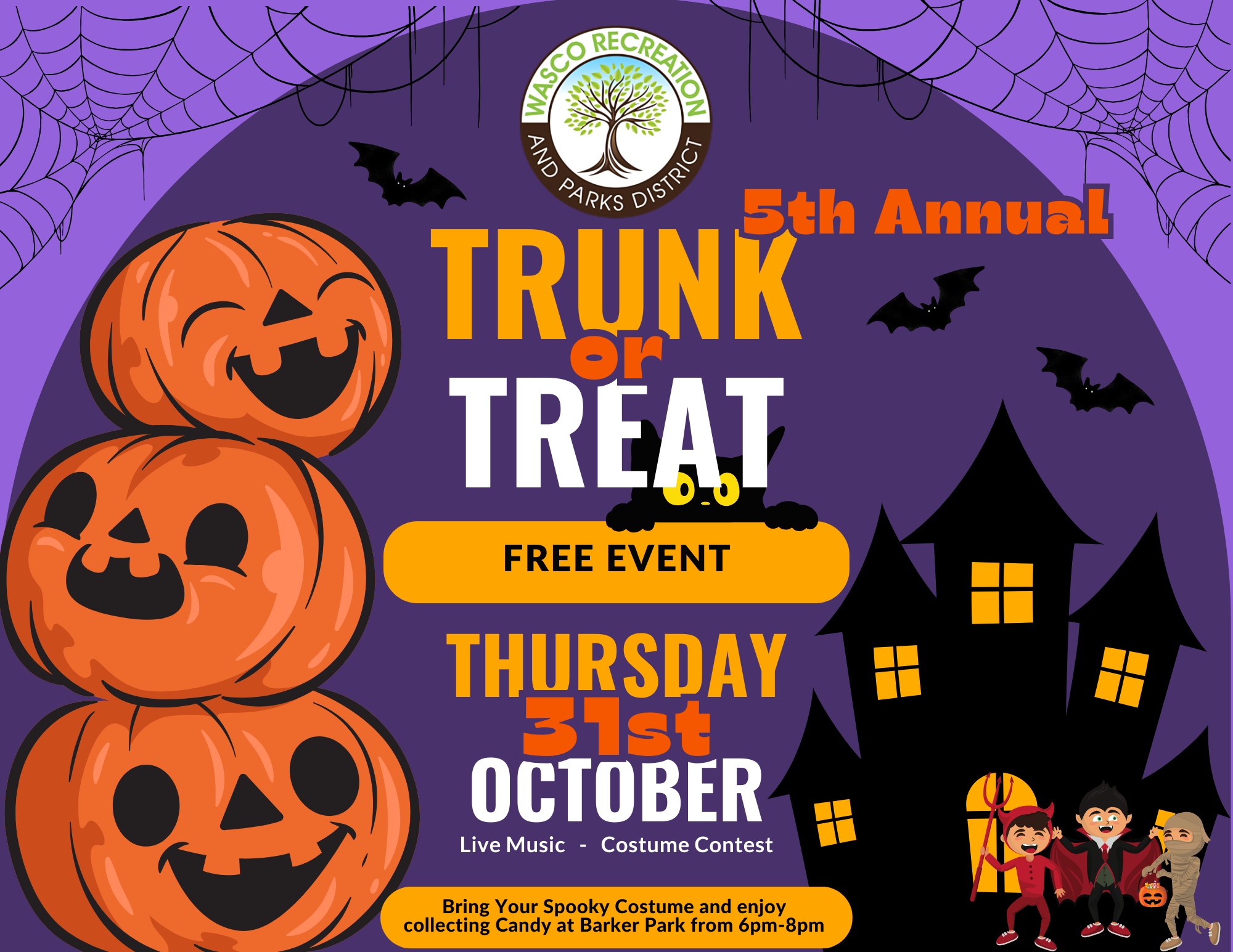 An advertisement for a Halloween "Trunk or Treat" event with pumpkins, bats, a haunted house, and costumed characters.