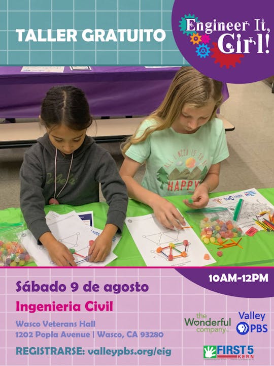 Two children work on engineering projects at a free workshop. Text includes event details for "Engineer It, Girl!" on August 9.