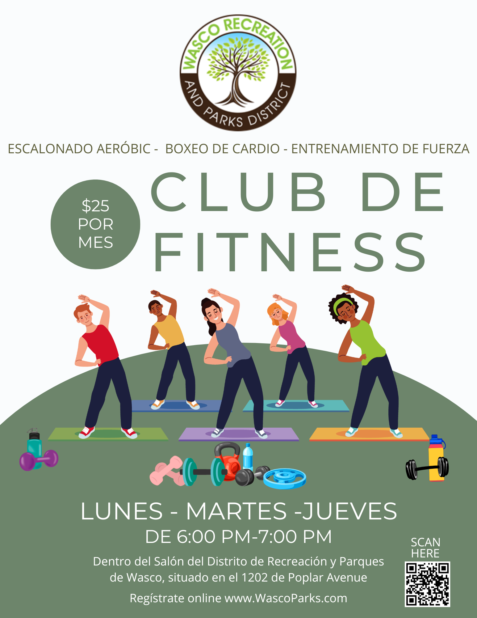 Fitness club at Wasco Recreation: $25/month, Mon-Thurs 6-7 PM. Includes aerobic, cardio boxing, and strength training. Join online!