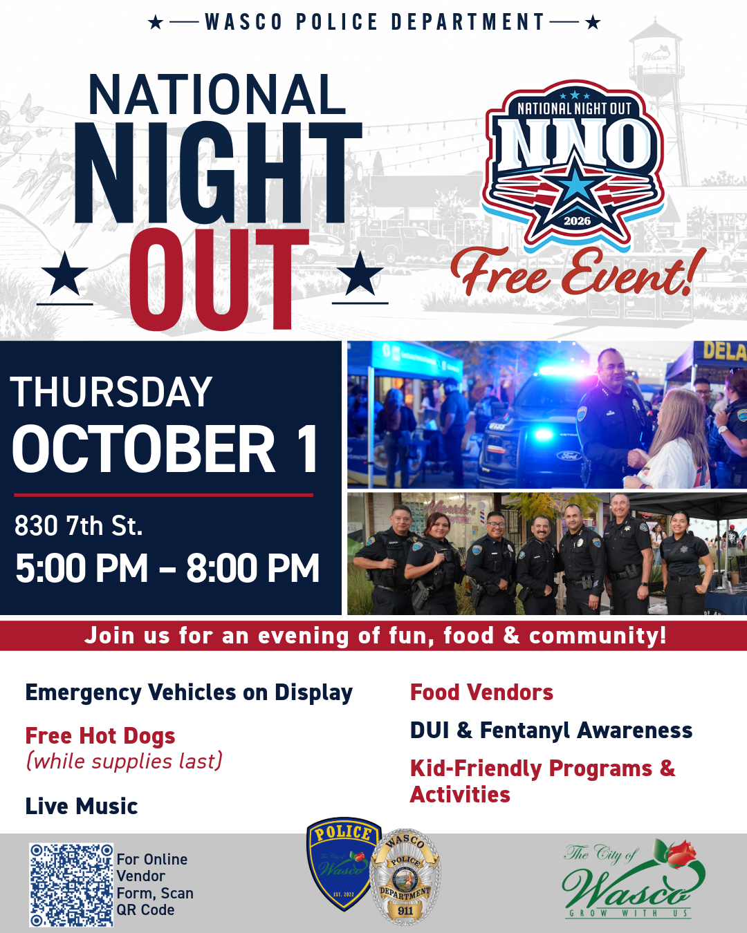 Wasco's National Night Out on October 1, 5-8 PM: free hot dogs, music, emergency vehicles, food vendors, and family activities!