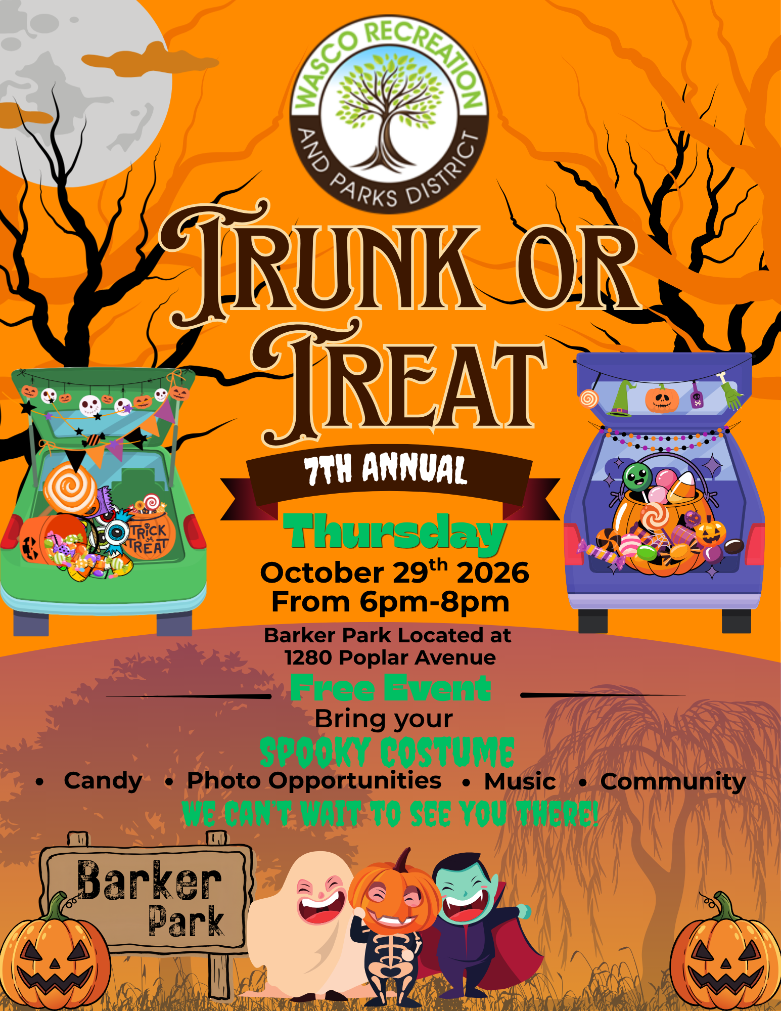 Join the 7th Annual Trunk or Treat on Oct 29, 2026, from 6-8 PM at Barker Park! Free event with candy, costumes, and fun!