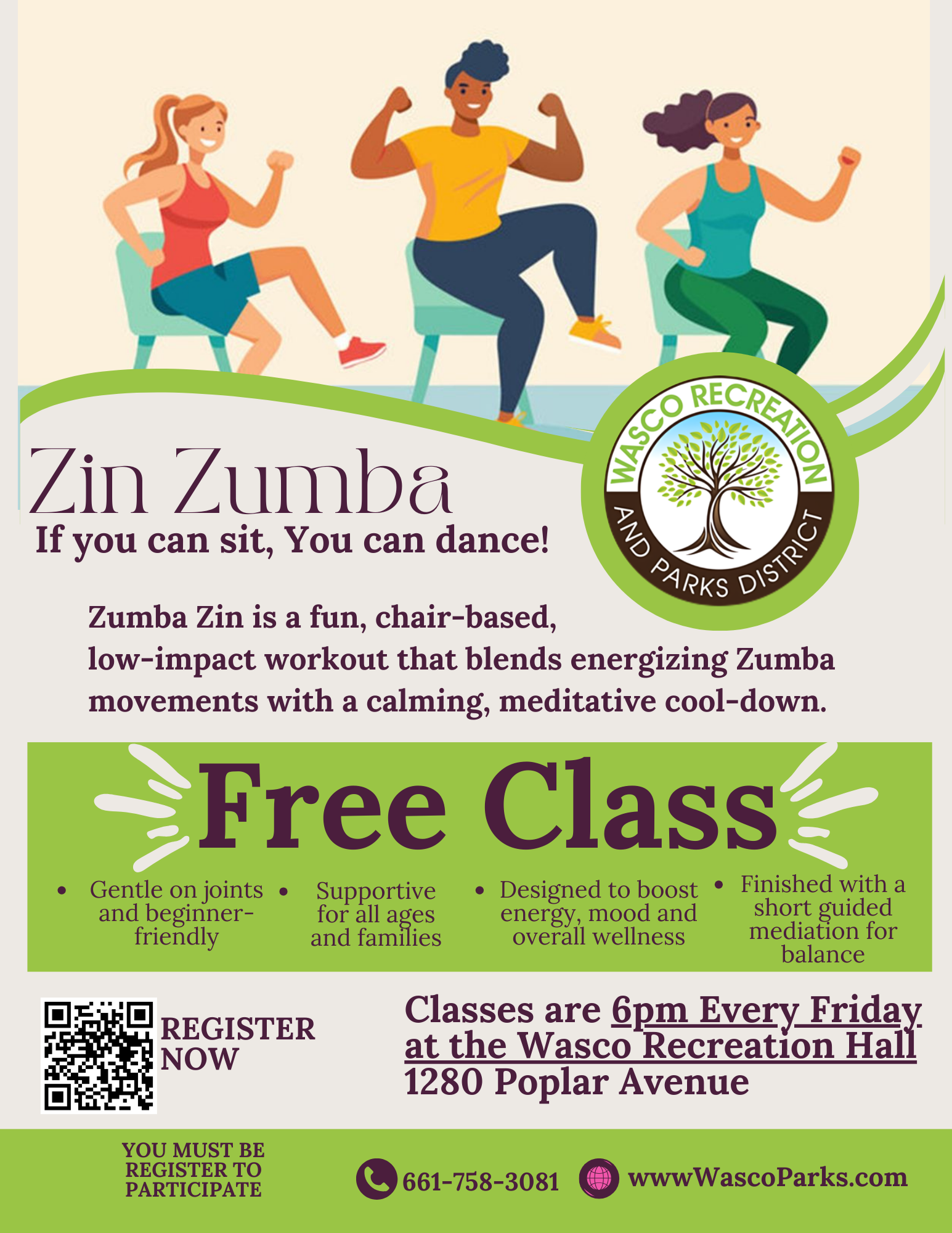 Zin Zumba chair-based workout flyer; free class every Friday at 6 PM, Wasco Recreation Hall. Register to join.