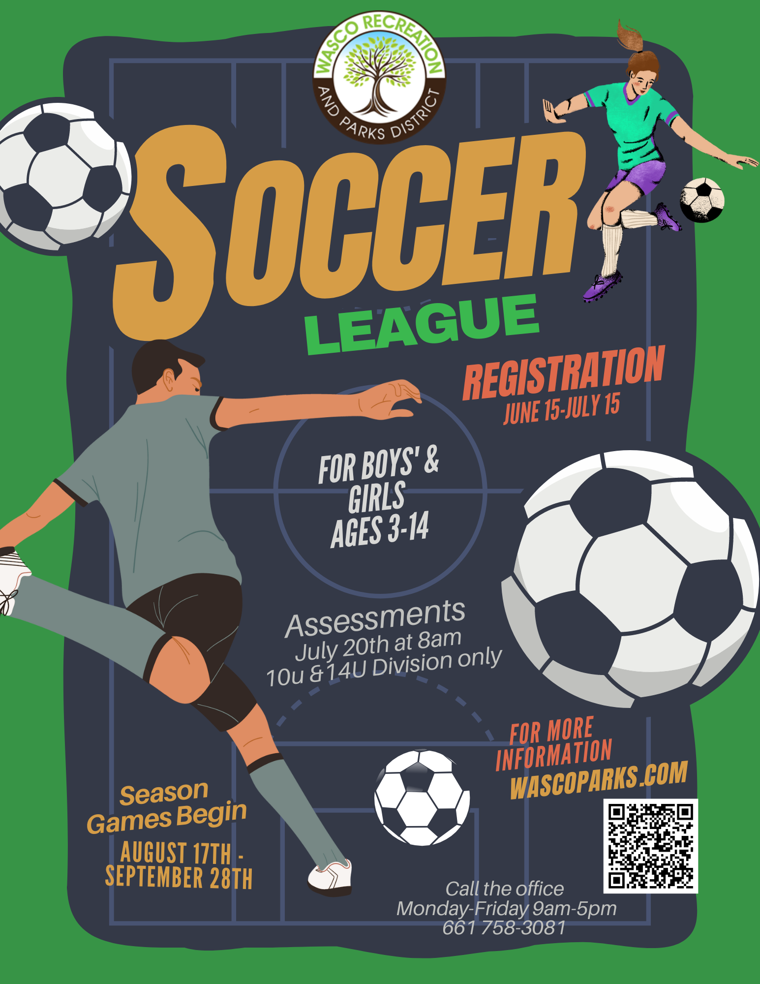 A colorful poster promoting a soccer league, with registration details, dates, and contact information.