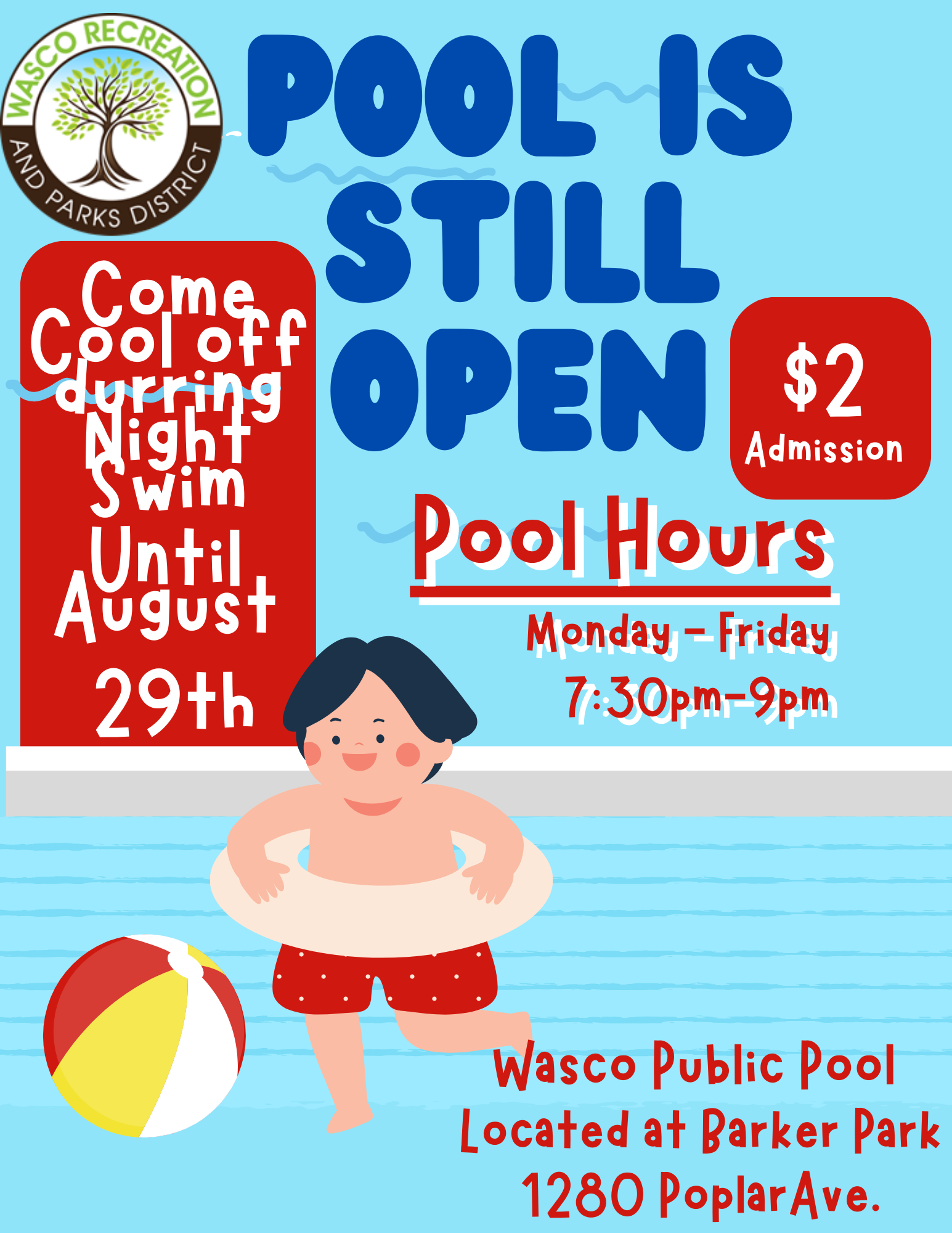 An illustrated flyer announcing a pool open with night swim hours until August 29th, admission $2, at Wasco Public Pool in Barker Park.