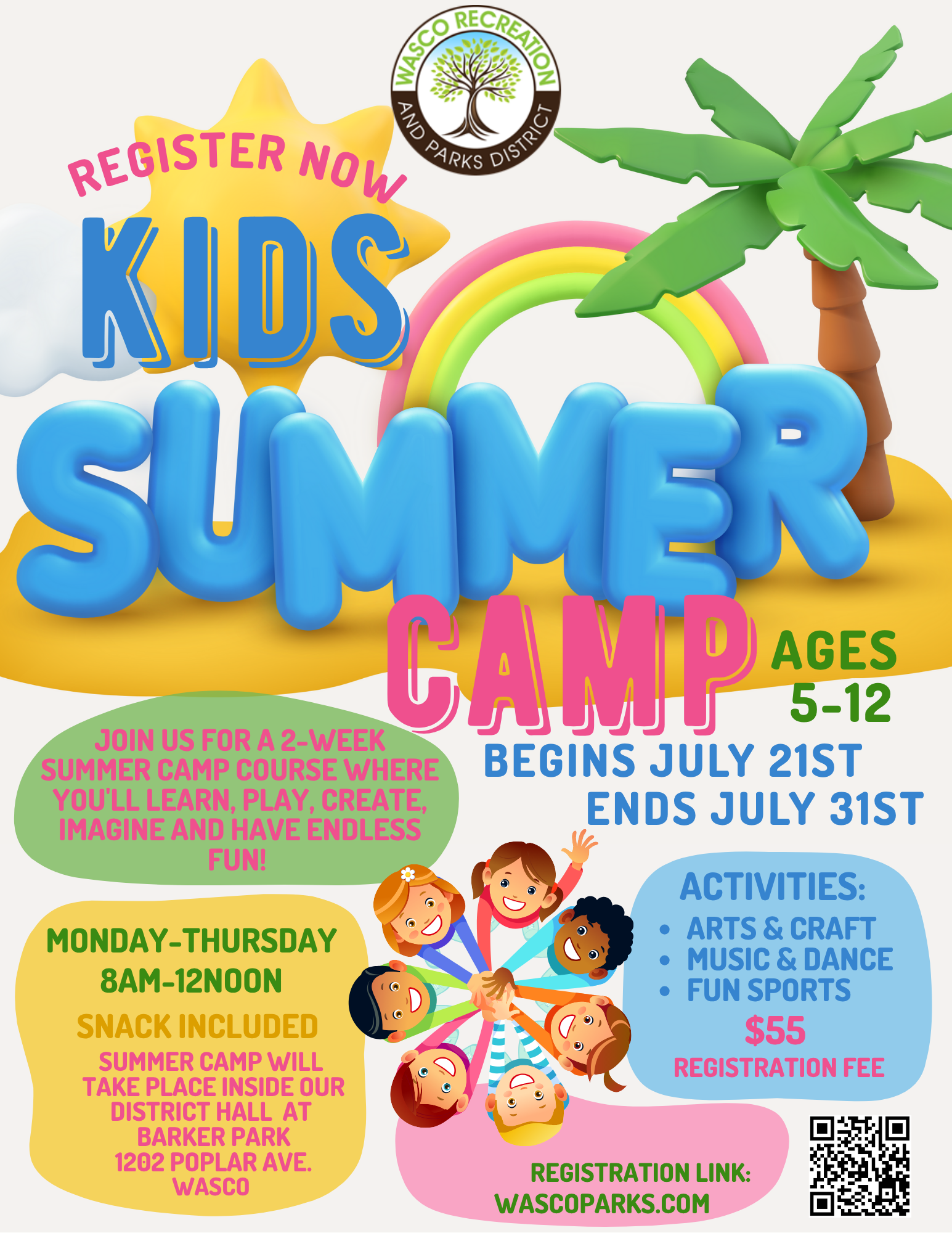 Kids Summer Camp flyer by Wasco Recreation, ages 5-12, July 21-31. Activities: art, music, sports. $55 fee. Register at wascoparks.com.