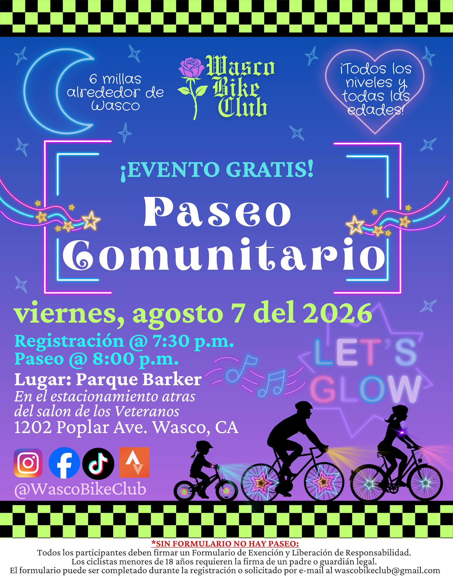 Community bike ride event in Wasco on Aug 7, 2026. Registration at 7:30 PM, ride at 8 PM. Free for all ages.