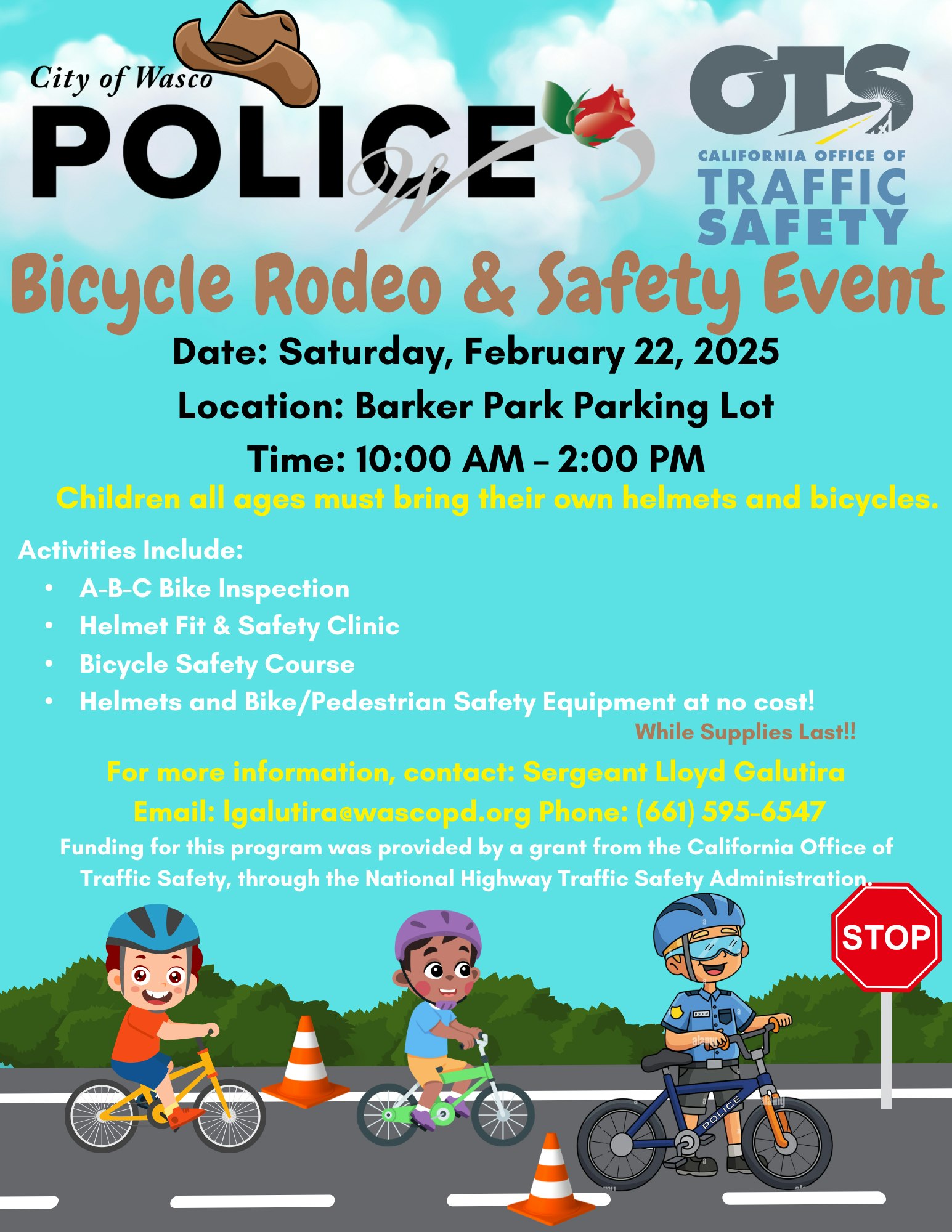 Bicycle Rodeo & Safety Event on Feb 22, 2025, 10 AM–2 PM at Barker Park. Activities, free helmets, safety equipment. Bring your own bike.