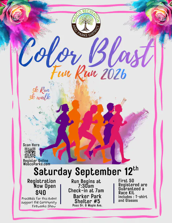 Poster for the 2026 Color Blast Fun Run: 5K/3K event on September 12, registration $40. First 50 get a race kit.
