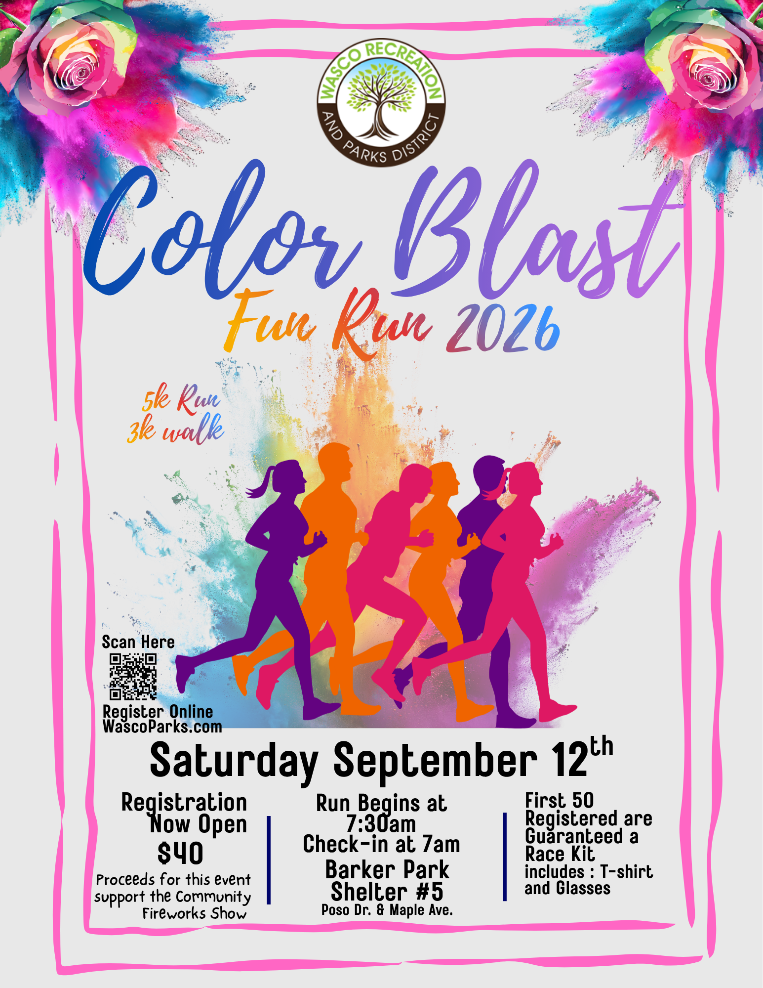 Poster for the 2026 Color Blast Fun Run: 5K/3K event on September 12, registration $40. First 50 get a race kit.