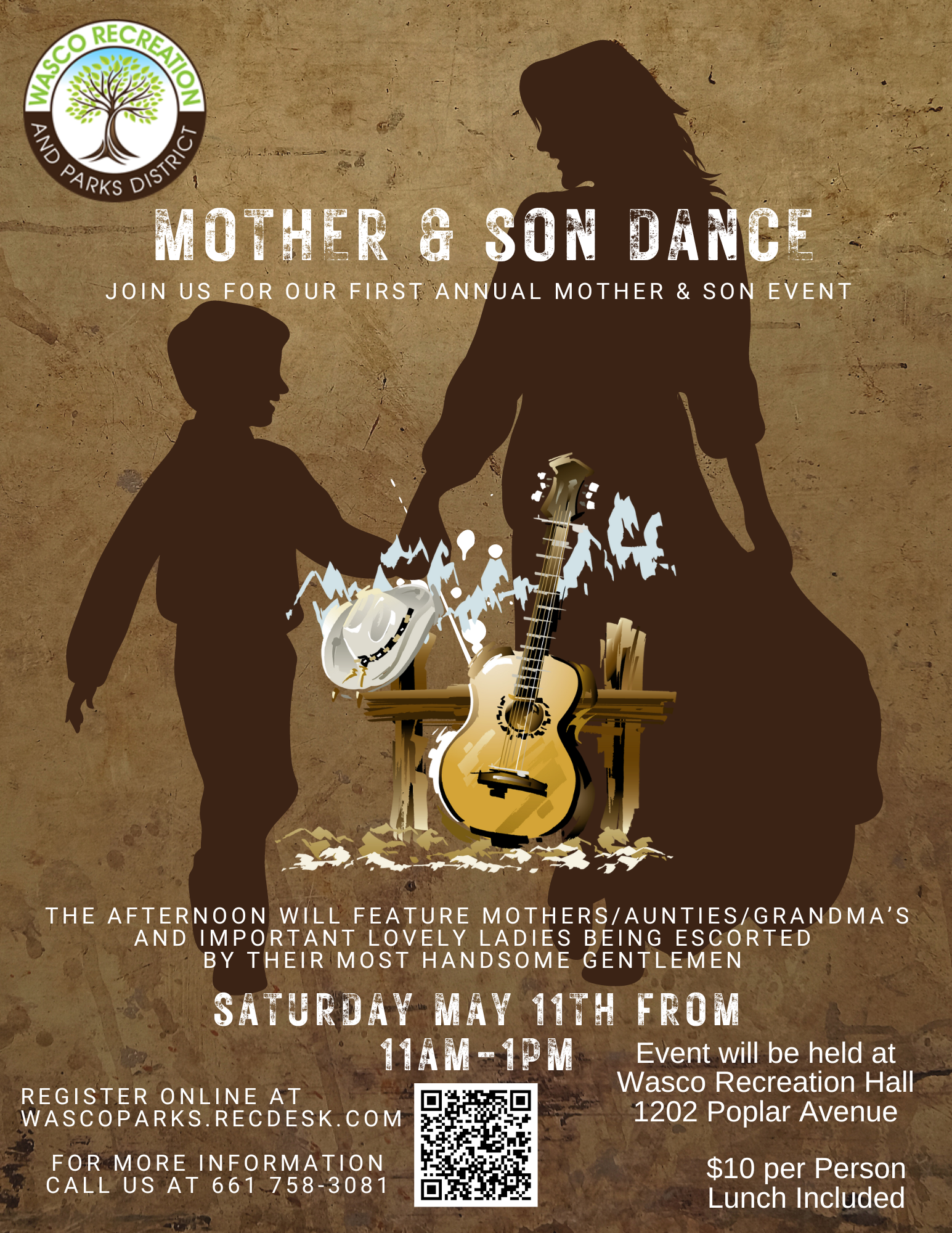 Mother & Son Dance on May 11, 11 AM-1 PM at Wasco Recreation Hall. $10 per person, lunch included. Join us for fun!