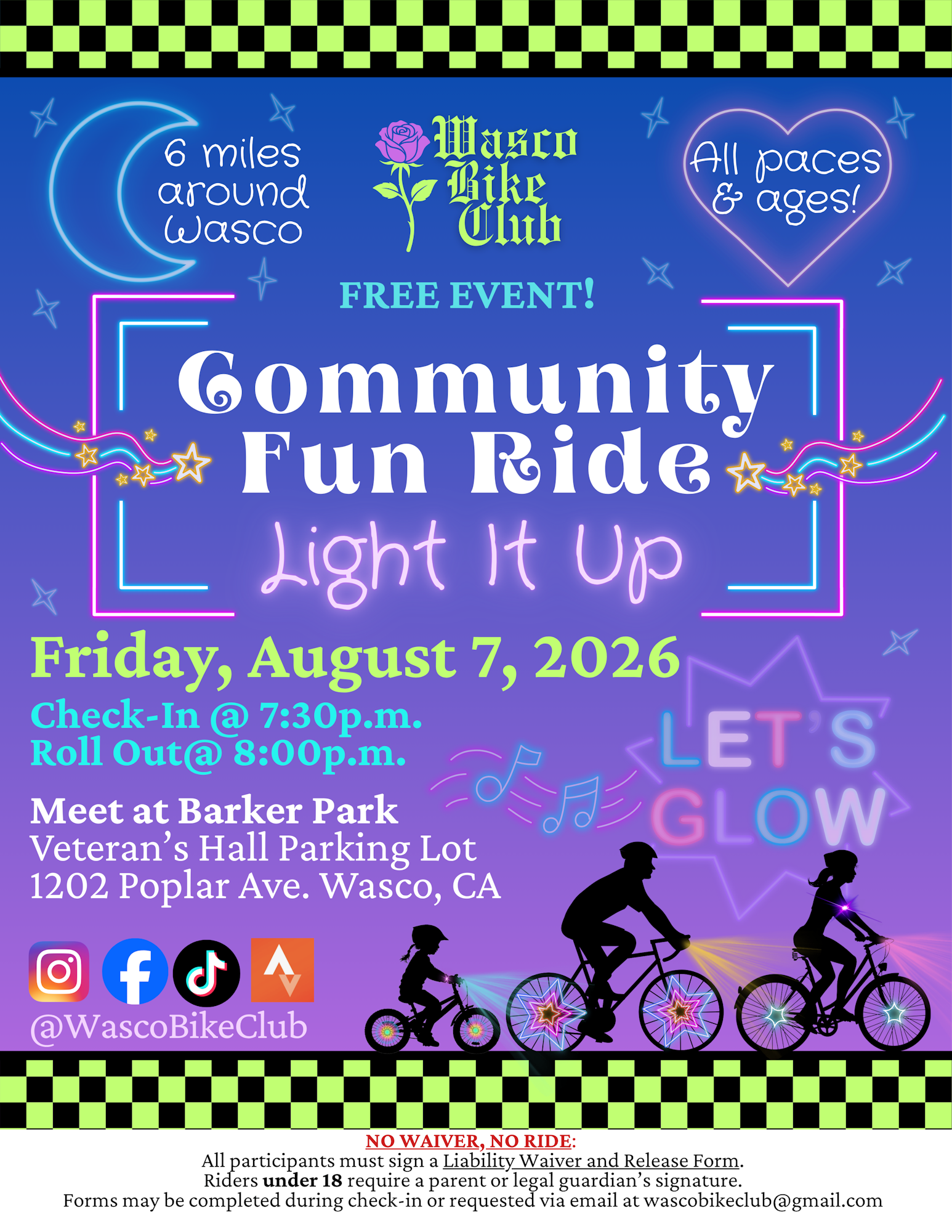 Join the Community Fun Ride in Wasco on Aug 7, 2026! Check in at 7:30 PM, ride starts at 8 PM. All ages welcome!