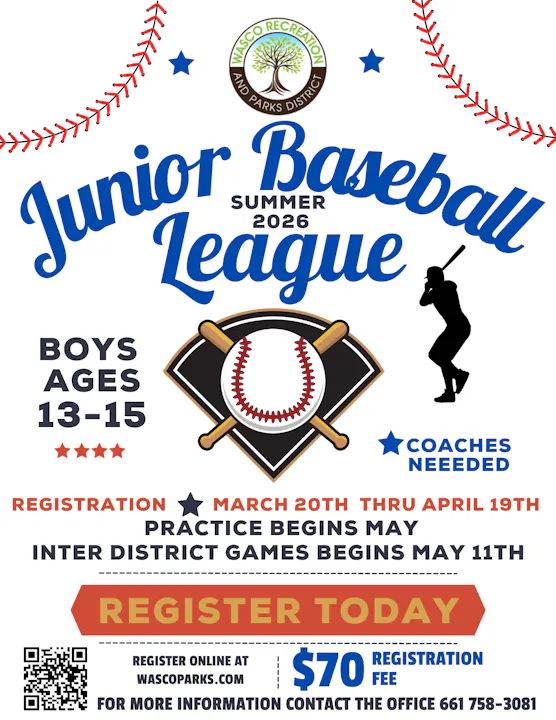 Junior Baseball League for boys ages 13-15 in Summer 2026. Registration March 20 - April 19, $70 fee. Coaches needed!