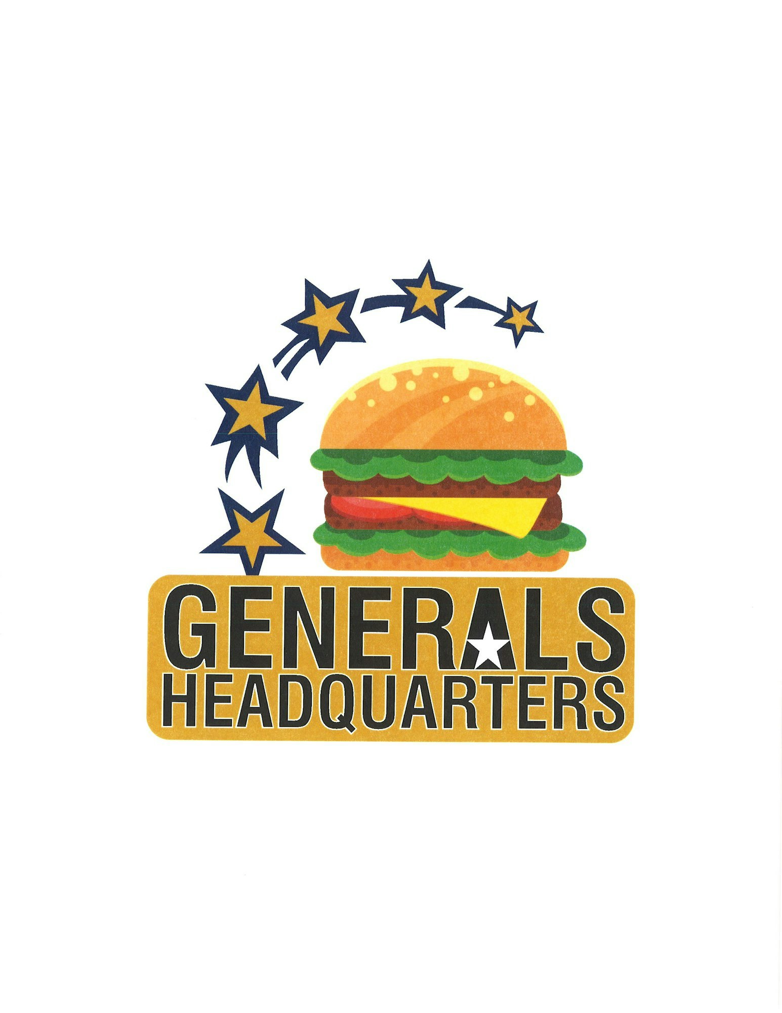 A hamburger with a banner reading "GENERALS HEADQUARTERS" surrounded by stars.