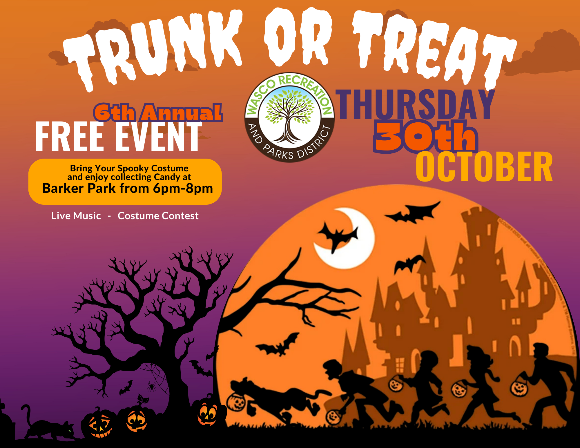 Trunk or Treat event at Barker Park on October 30th, 6-8 PM. Free event with live music and a costume contest.