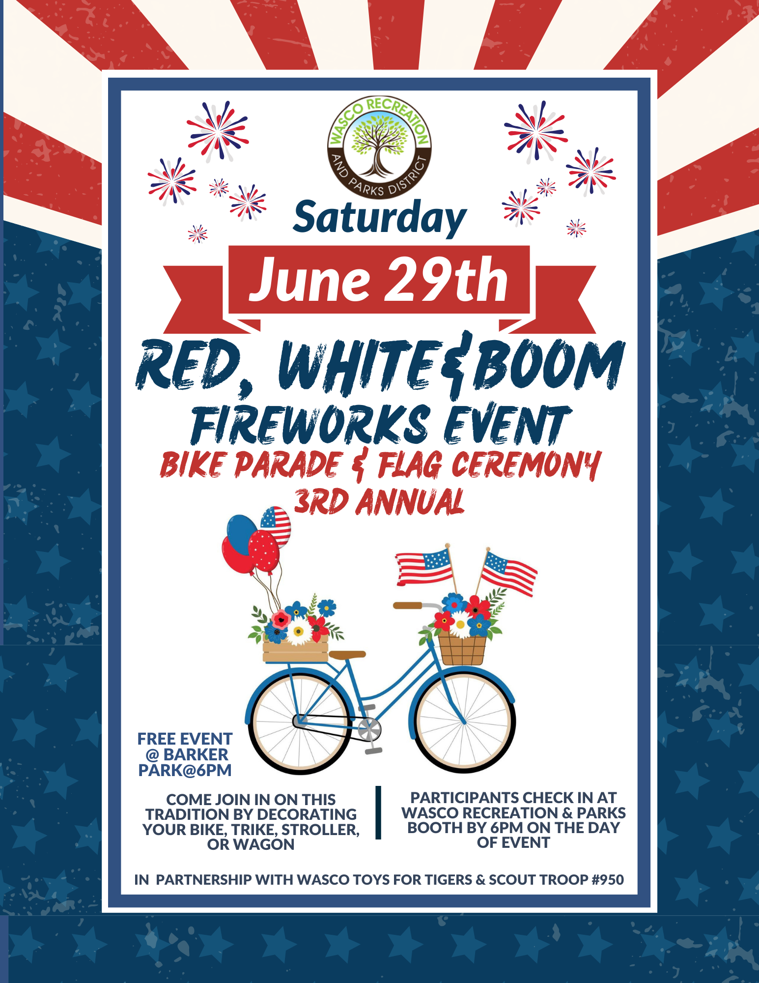 An event poster for a "Red, White & Boom Fireworks Event" with a bike parade and flag ceremony on June 29th, depicting decorated bicycles and U.S. flags.