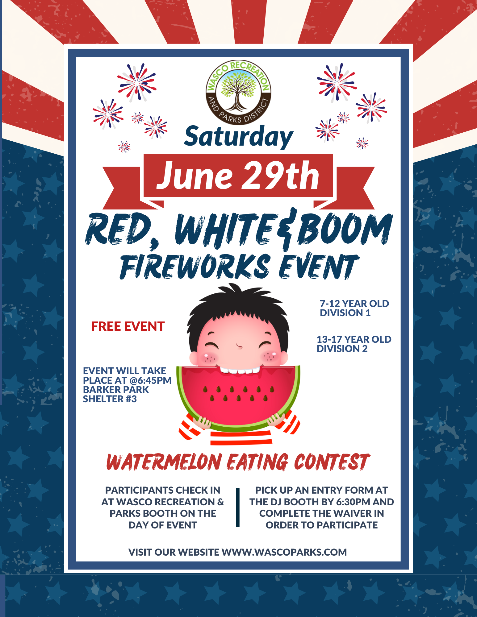A poster for the Red, White & Boom fireworks event with a watermelon eating contest on Saturday, June 29th.