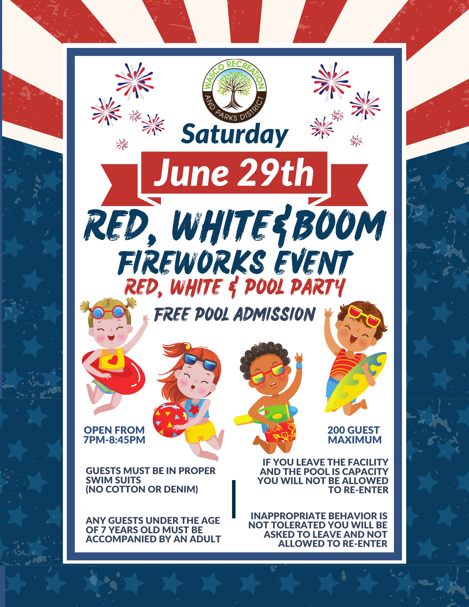 A colorful event poster for a Red, White & Boom Fireworks Event and pool party with rules and guidelines depicted alongside cartoon children swimming.