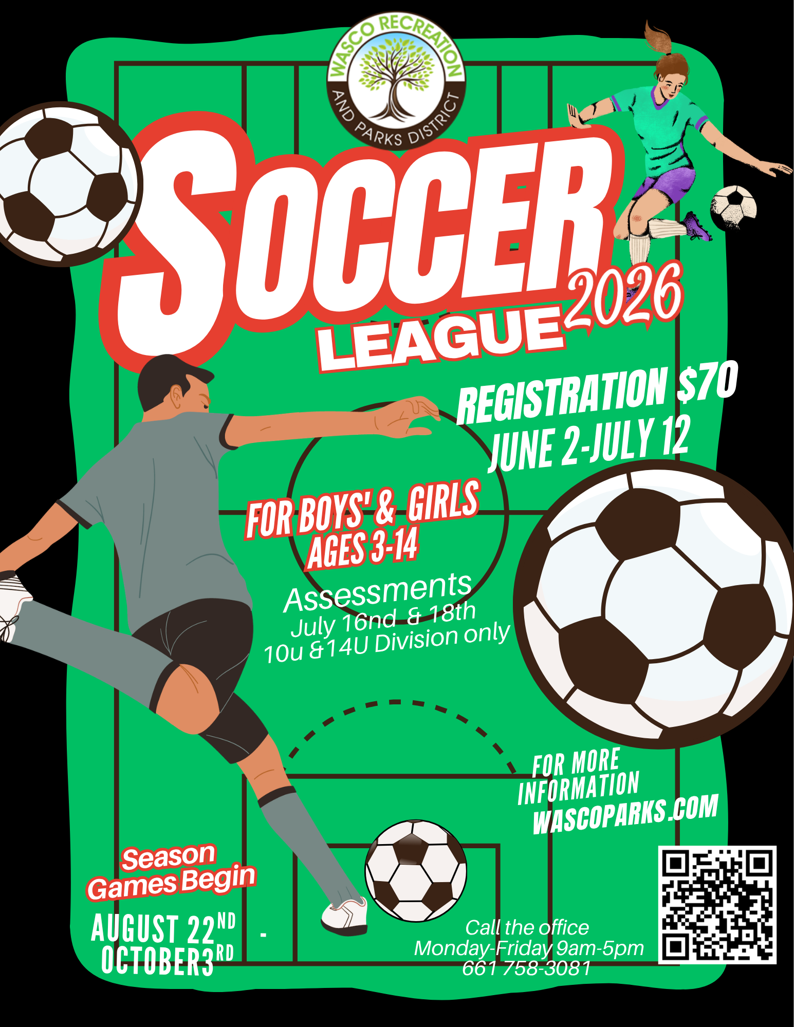 Wasco Soccer League 2026: Register $70 (June 2-July 12) for ages 3-14. Assessments July 16-18. Season runs Aug 22-Oct 3.