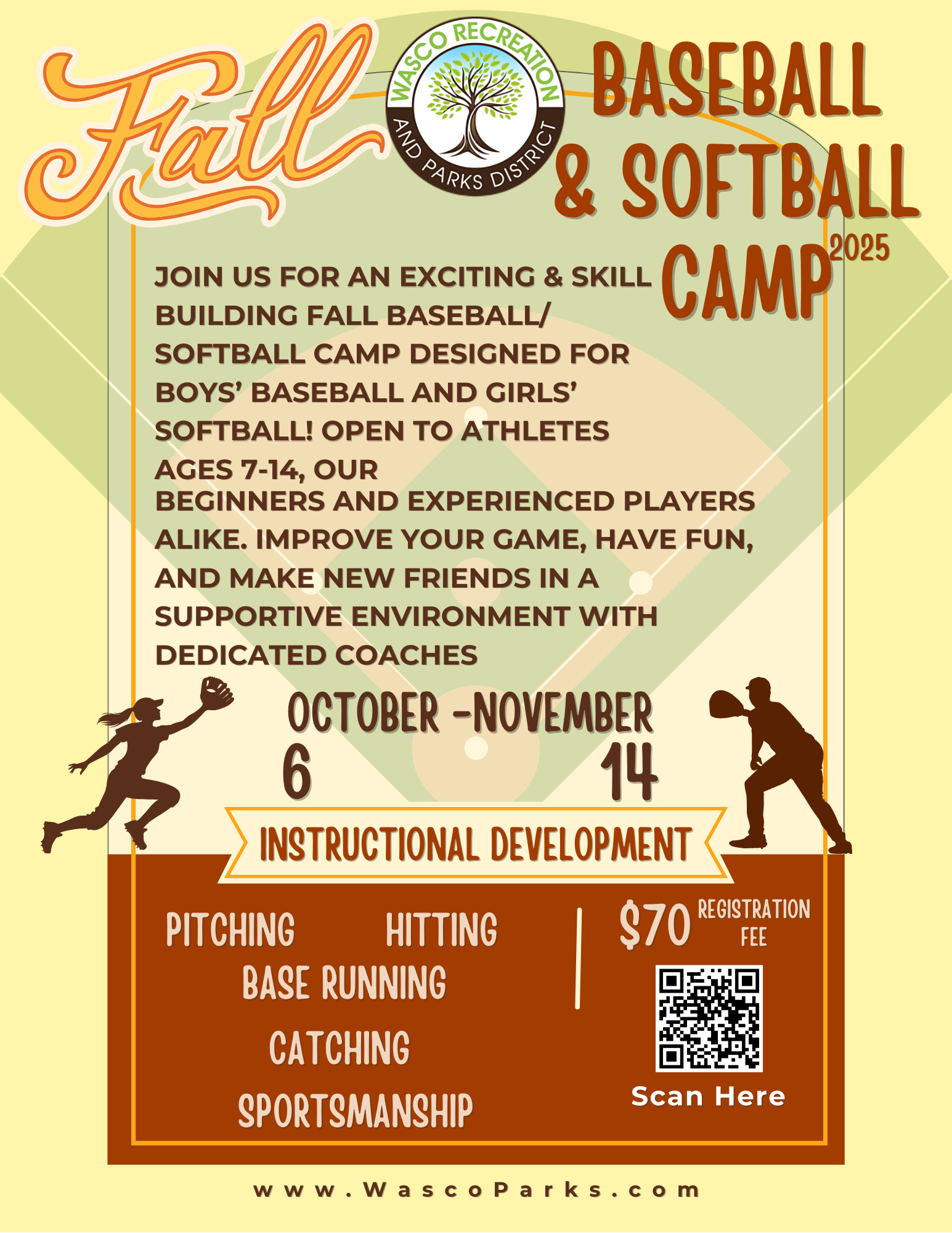 Fall baseball/softball camp for ages 7-14, Oct 6-Nov 14. Focus on pitching, hitting, and more. $70 fee. Hosted by Wasco Recreation.