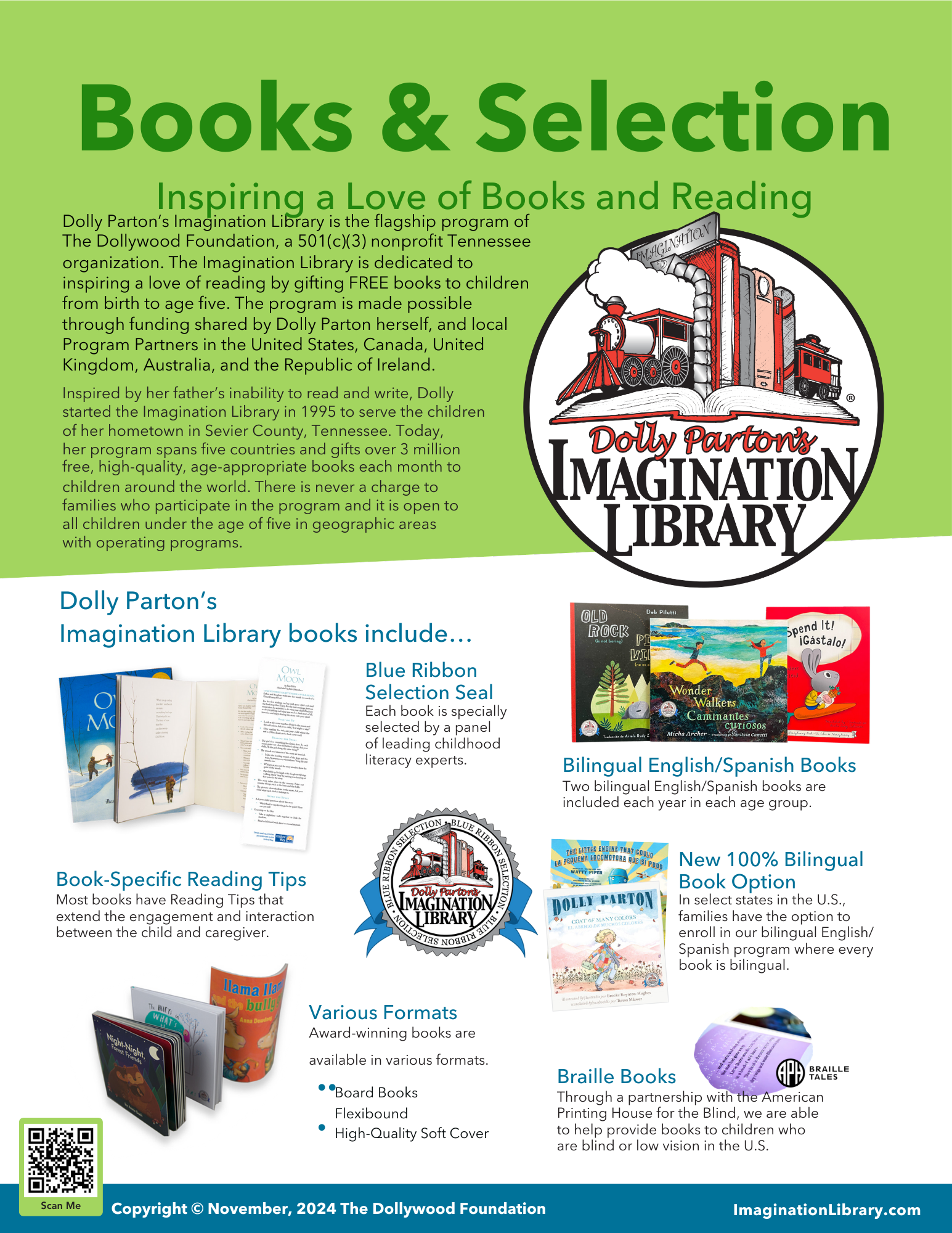 Promotional flyer for Dolly Parton's Imagination Library, highlighting book selections, formats, and bilingual options for children.