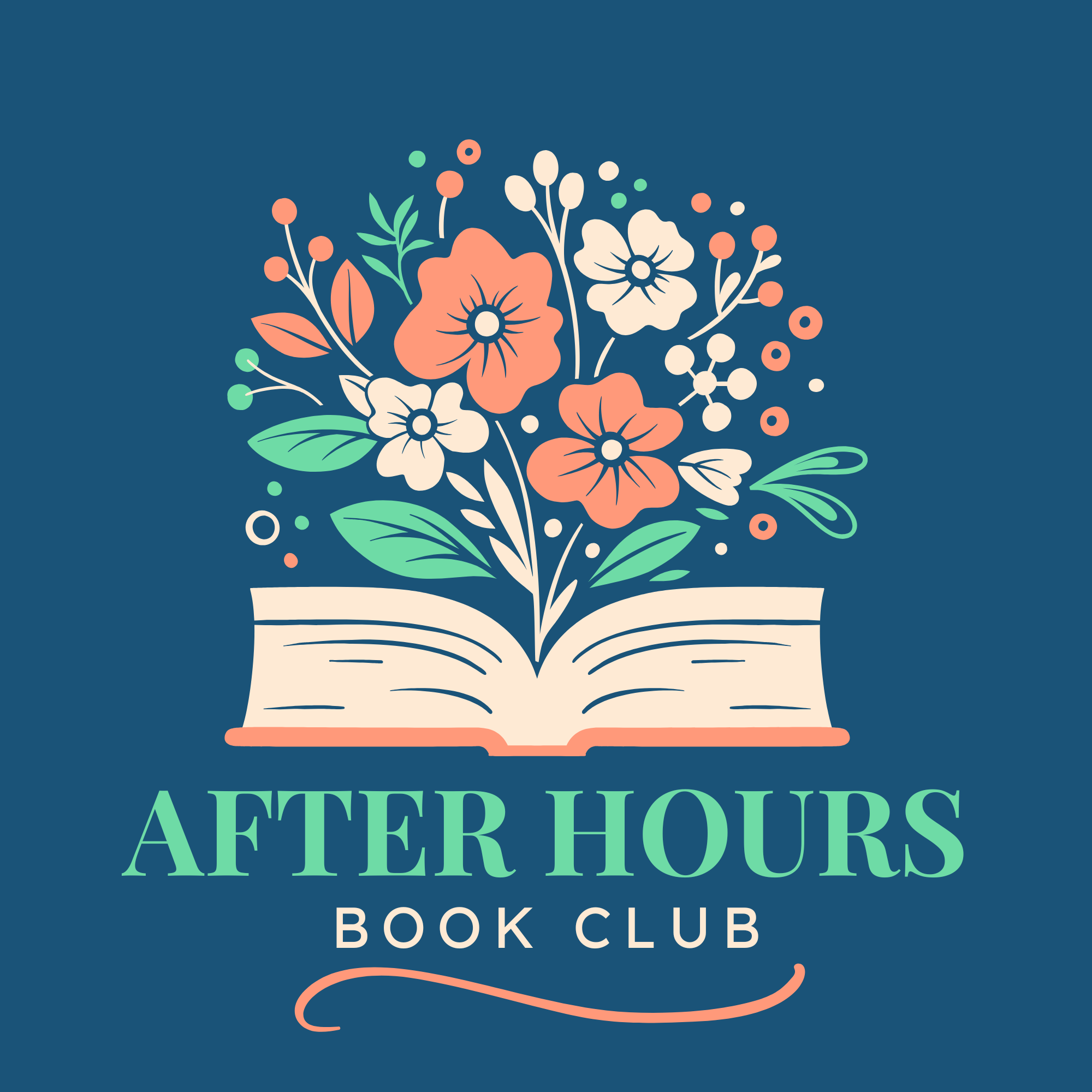 A design featuring an open book with flowers above it, labeled "After Hours Book Club."