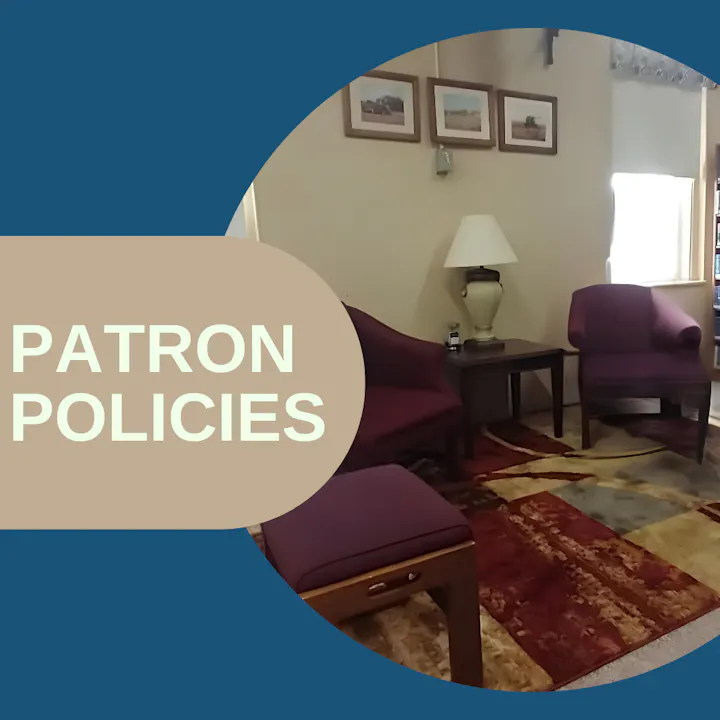 The image features a cozy seating area with two chairs, a table, a lamp, and a rug, alongside the text "PATRON POLICIES."
