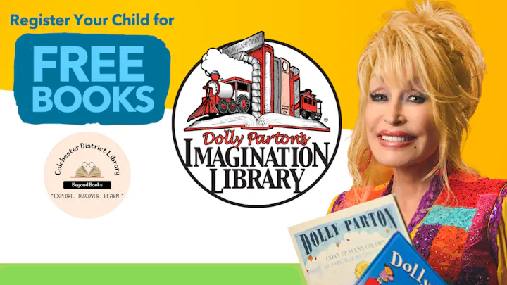 The image promotes Dolly Parton's Imagination Library, encouraging parents to register their children for free books.