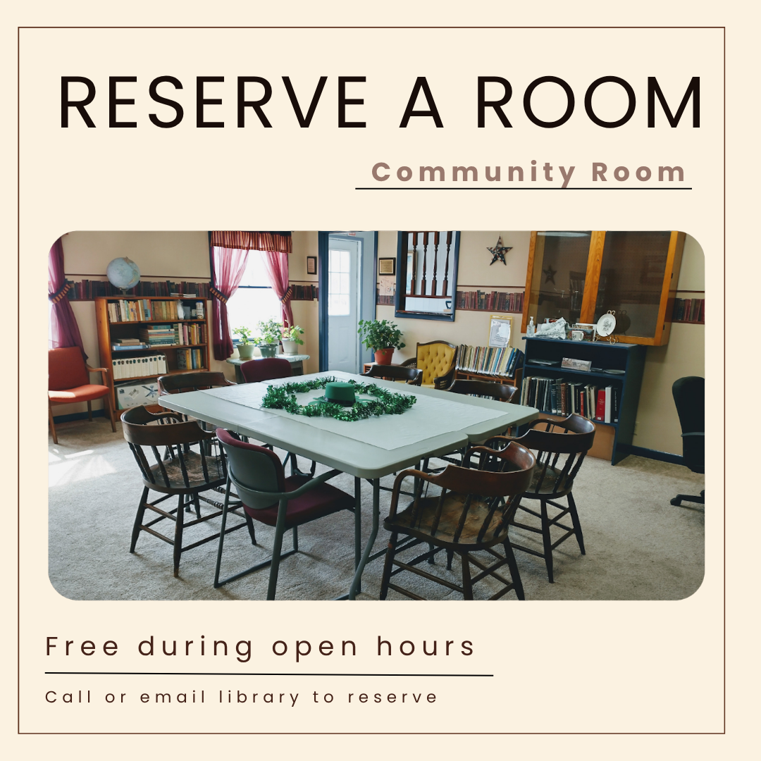 A community room with tables and chairs available for free reservation during open hours. Call or email the library to book.