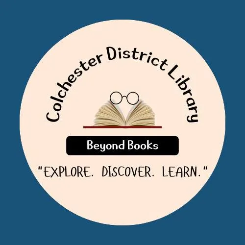 Logo of Colchester District Library featuring an open book and glasses, with the tagline "Explore. Discover. Learn."