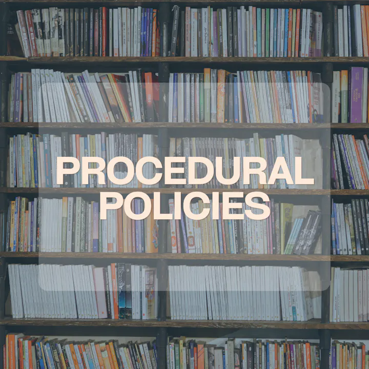 The image features shelves filled with books and the text "PROCEDURAL POLICIES" overlaying them.