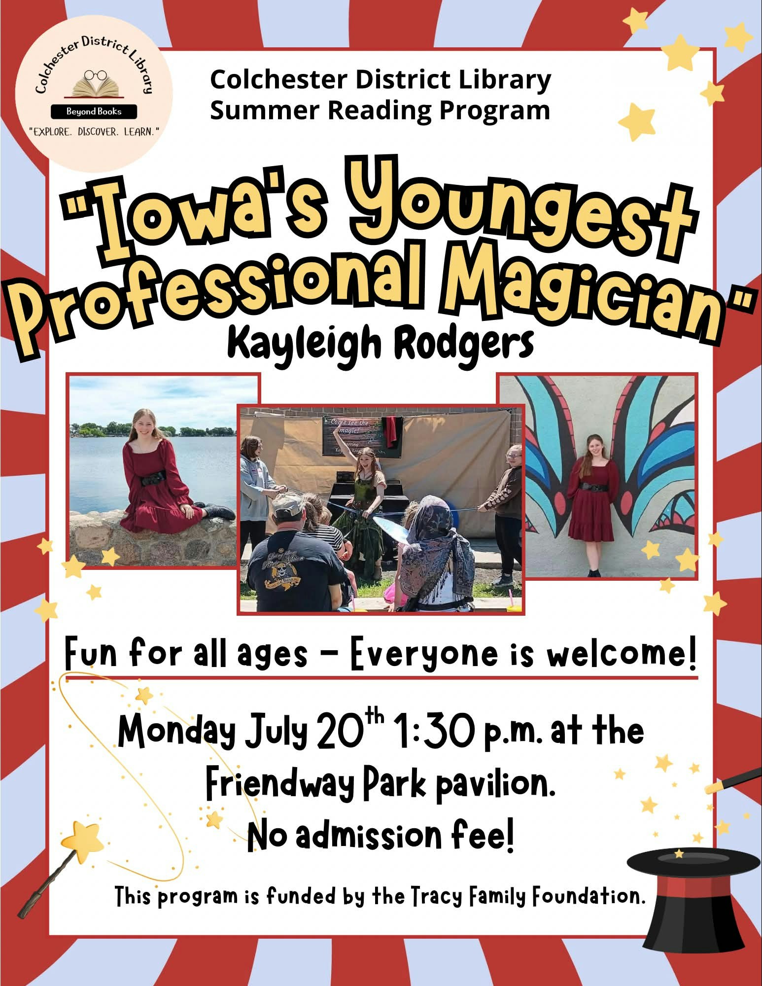 Flyer for a summer reading program featuring "Iowa's Youngest Professional Magician," Kayleigh Rodgers, on July 20th at Friendway Park.