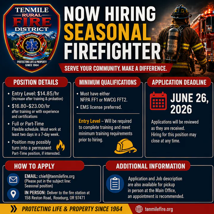 Tenmile Rural Fire District is hiring seasonal firefighters. Pay starts at $14.85/hr, with a June 26, 2026 deadline to apply.