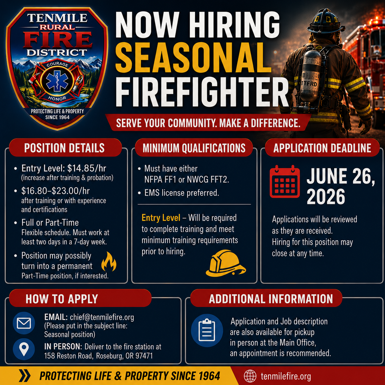 Tenmile Rural Fire District is hiring seasonal firefighters. Pay starts at $14.85/hr, with a June 26, 2026 deadline to apply.