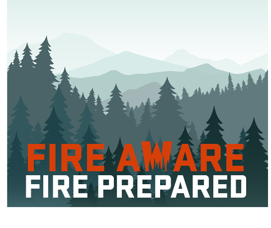 The image features a forest landscape with the text "FIRE AWARE, FIRE PREPARED," promoting fire safety awareness.