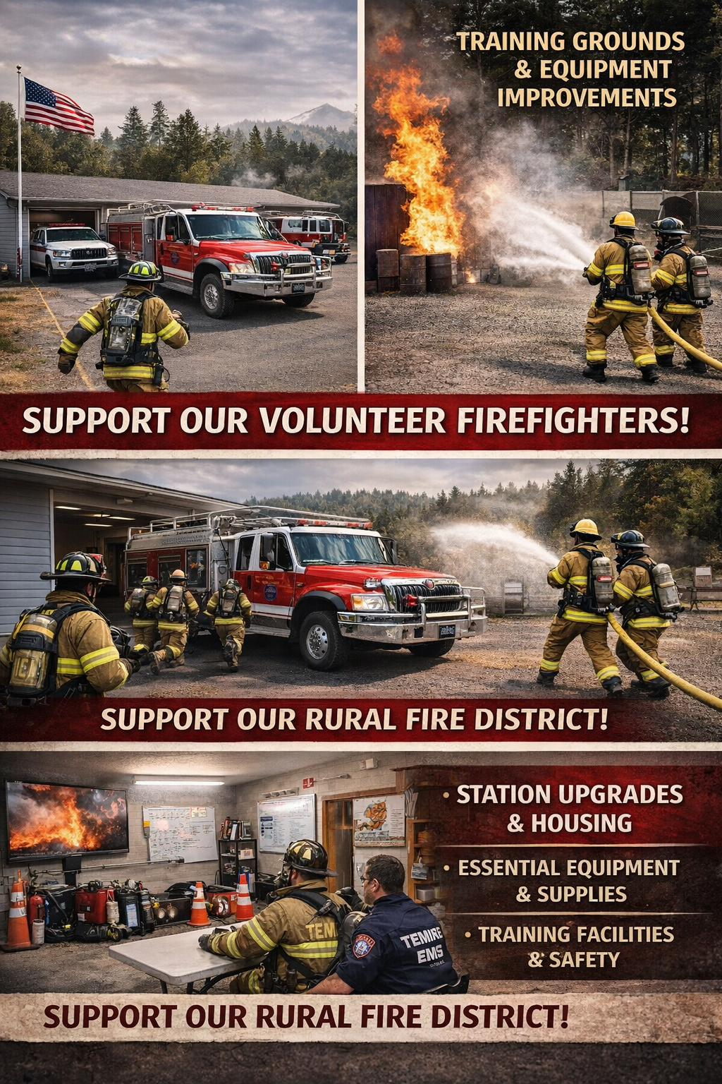 Image promoting support for volunteer firefighters and their training facilities, equipment, and station upgrades in a rural fire district.