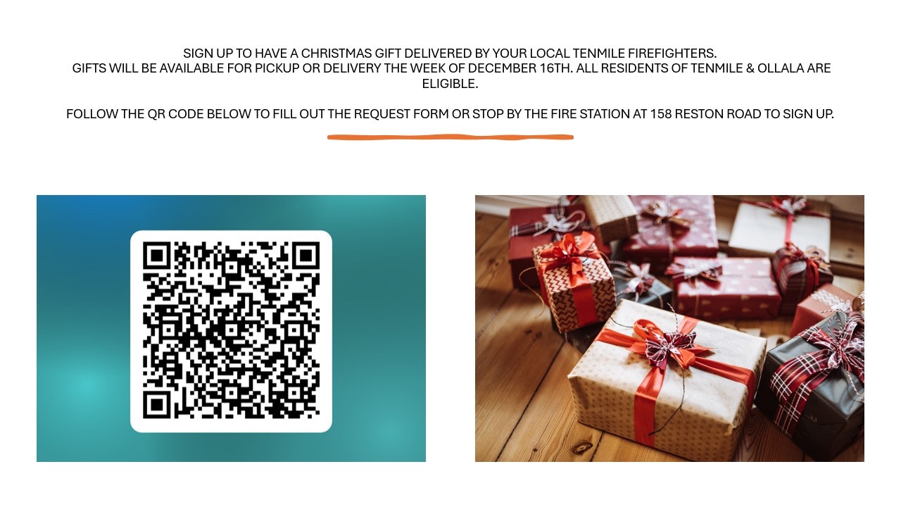 QR code for Christmas gift sign-up by Tenmile firefighters; gifts for Tenmile & Ollala residents available week of Dec 16.