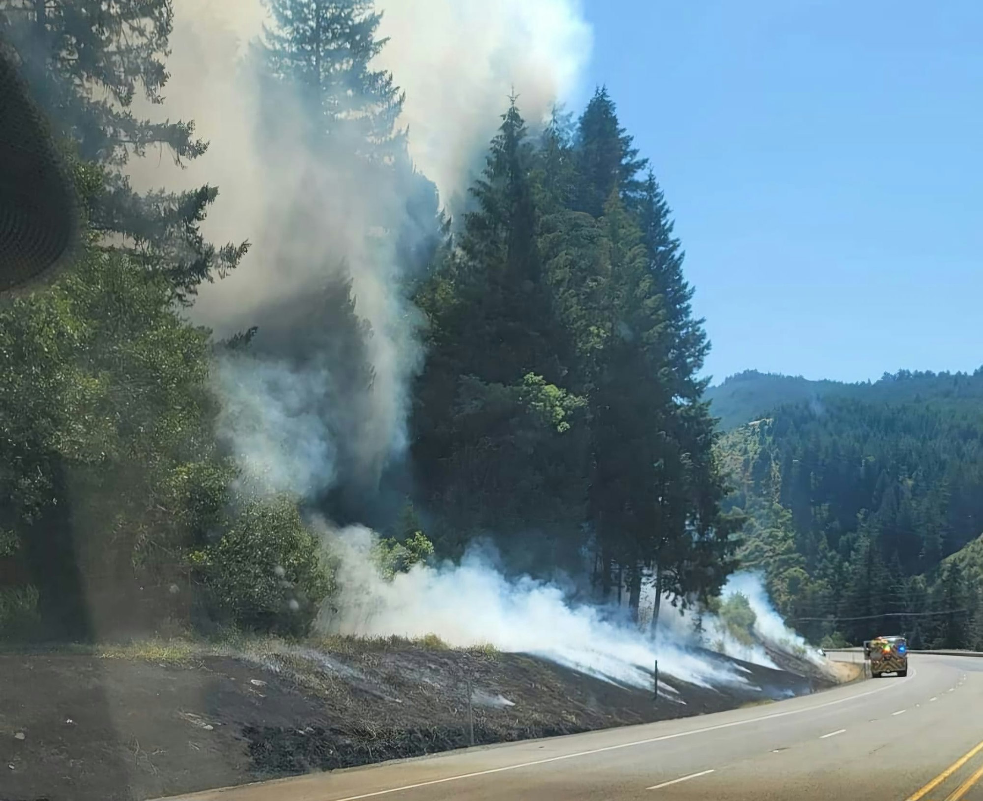 A roadside wildfire with smoke, trees, and a fire truck.