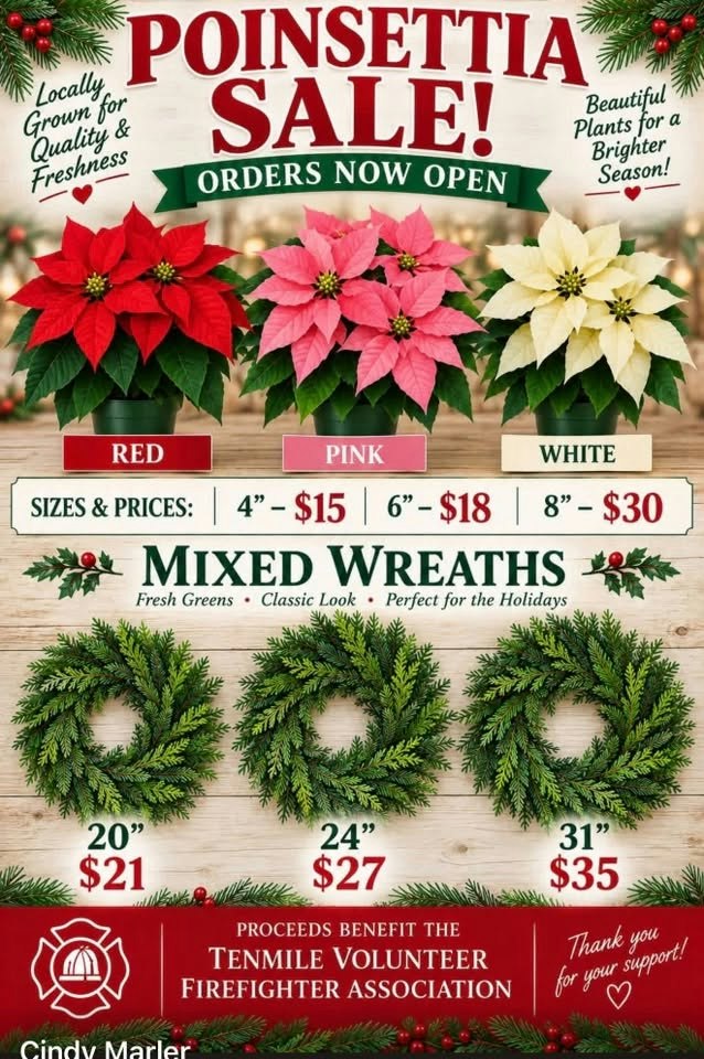 Poinsettia sale with red, pink, and white options, plus mixed wreaths. Prices range from $15 to $35. Proceeds support local firefighters.