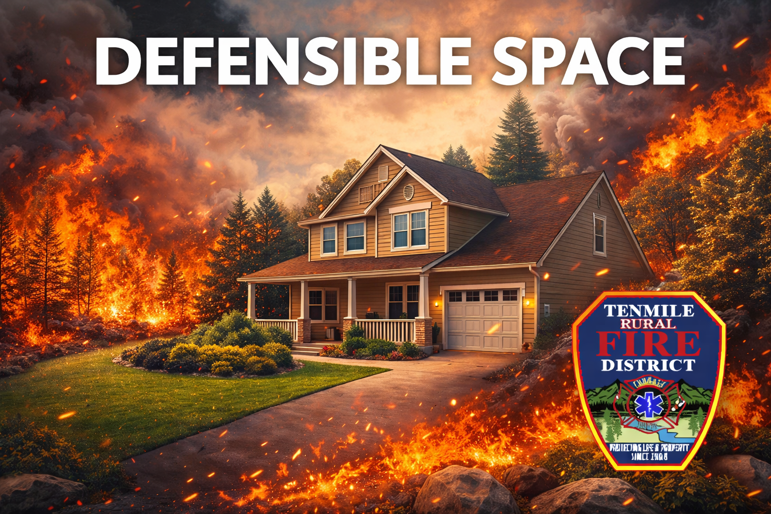 The image shows a house surrounded by wildfires with the slogan "Defensible Space" and a fire district emblem, emphasizing fire safety.