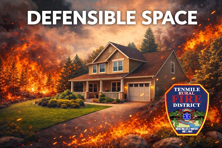 The image shows a house surrounded by wildfires with the slogan "Defensible Space" and a fire district emblem, emphasizing fire safety.