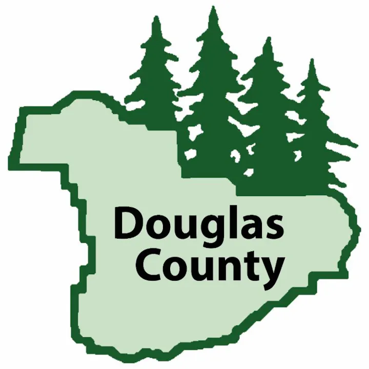 Map outline with "Douglas County" and evergreen trees.