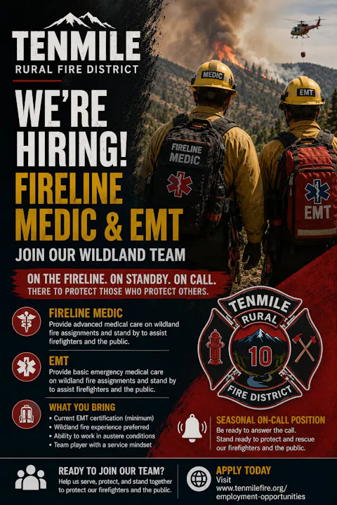 The Tenmile Rural Fire District is hiring Fireline Medics and EMTs for wildland firefighting. Apply today for seasonal positions!