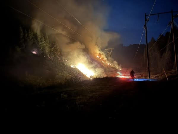A wildfire at night, with smoke and flames near a forest and power lines, and a person standing on the right.