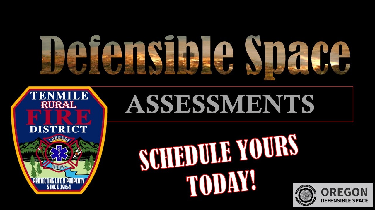 An ad for "Defensible Space Assessments" encouraging scheduling, with logos of a rural fire district and Oregon defensible space.