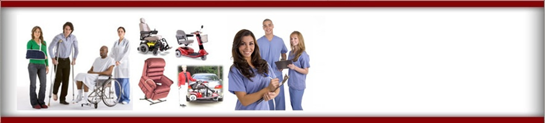 Medical professionals, wheelchairs, mobility scooters, lift chair, car with wheelchair lift, and medical staff with trophy.